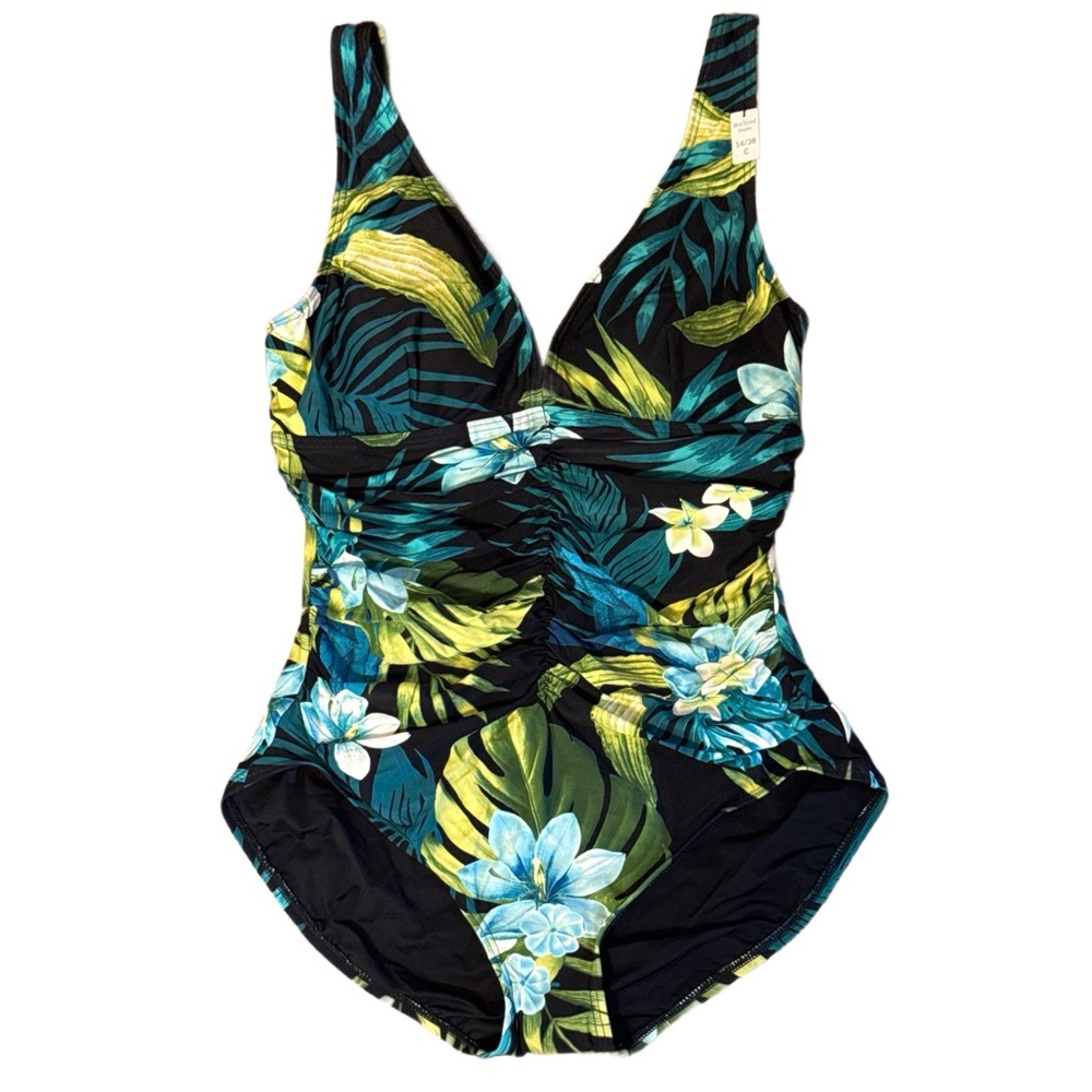 Coco Contours Clarity Midnight Plumeria One Piece Swimsuit NWT Size 14/38C